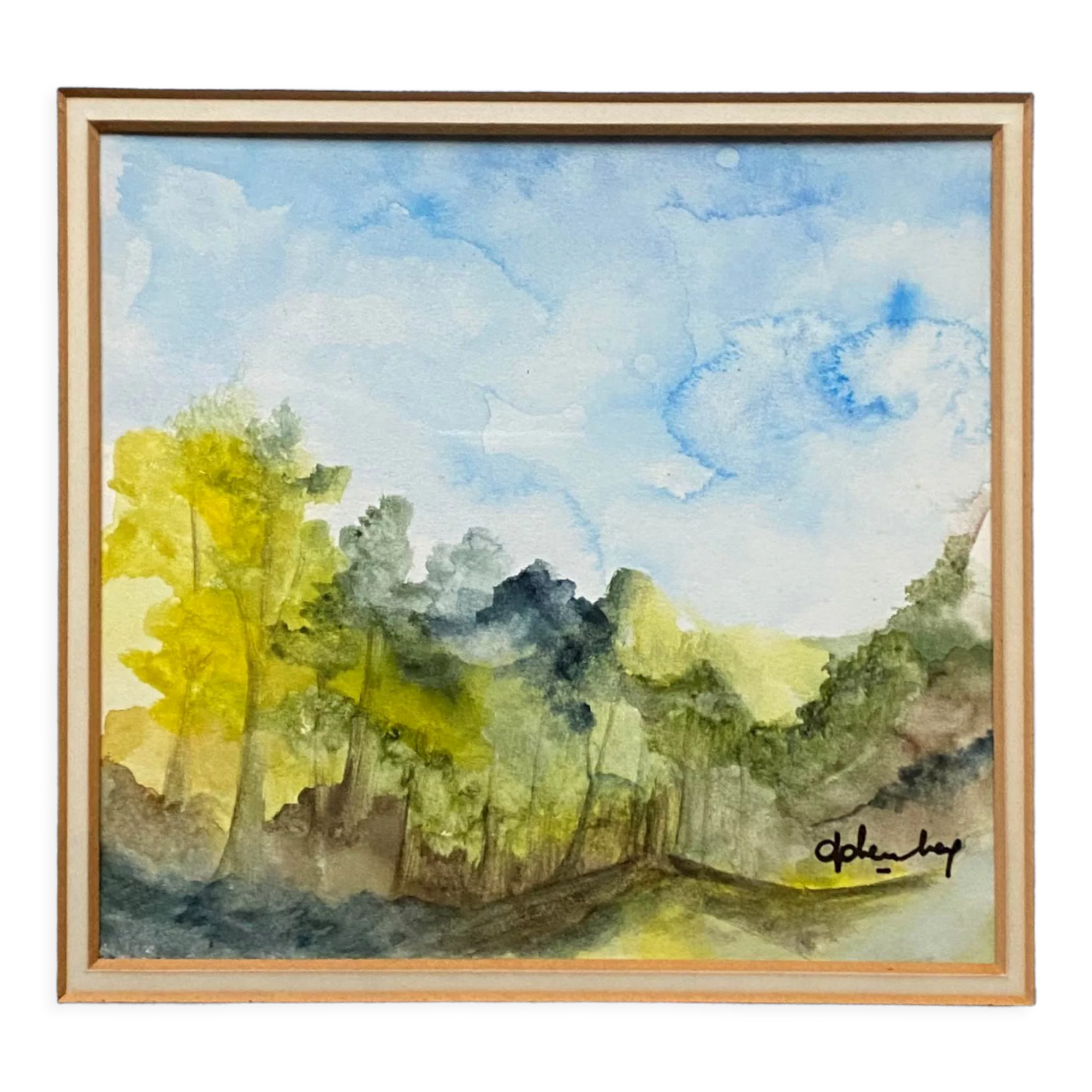 Watercolor painting "Forest landscape" signed + frame