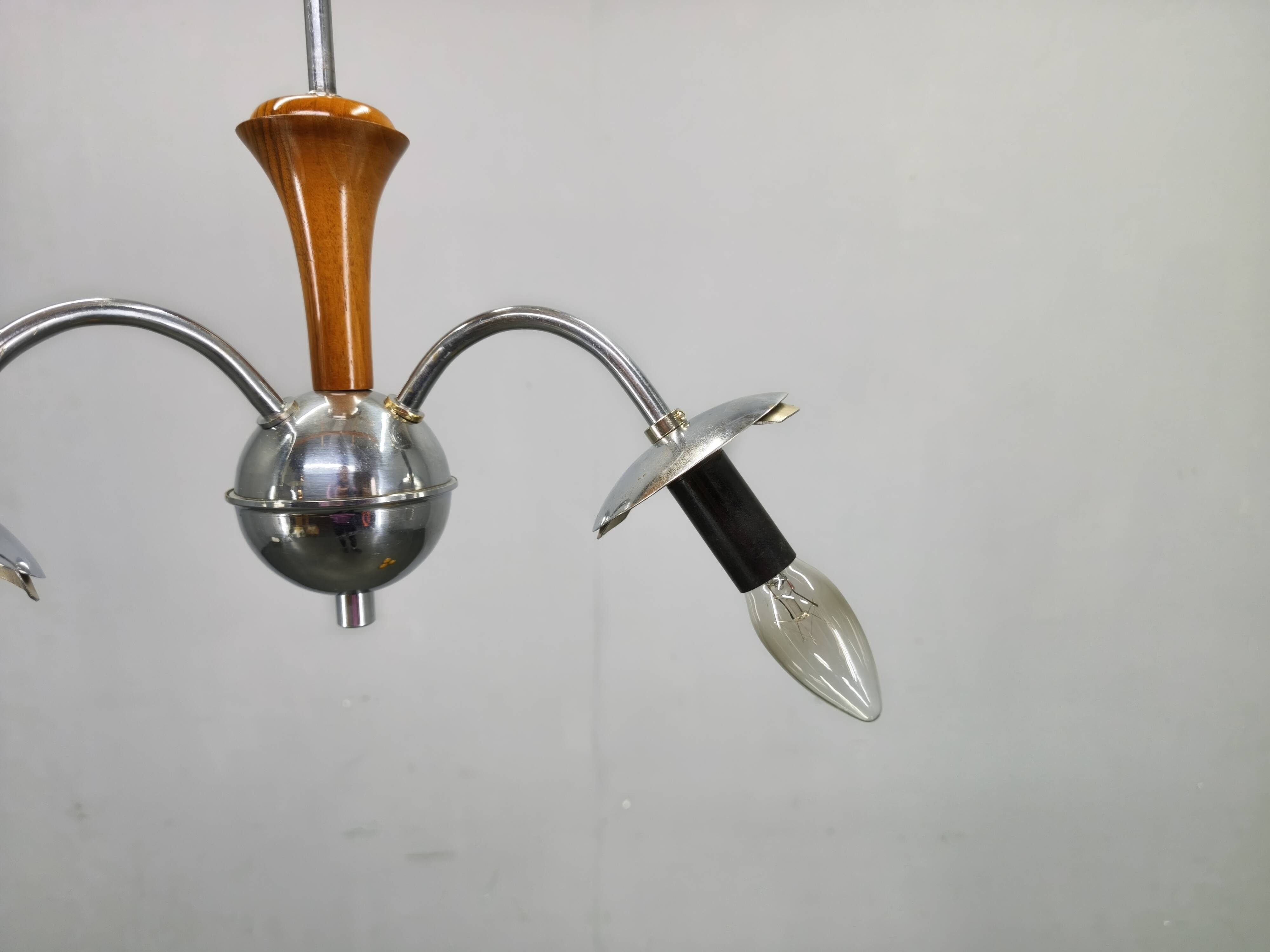 Bauhaus Chandelier with Colored Glass Globes, Czechoslovakia, 1930s