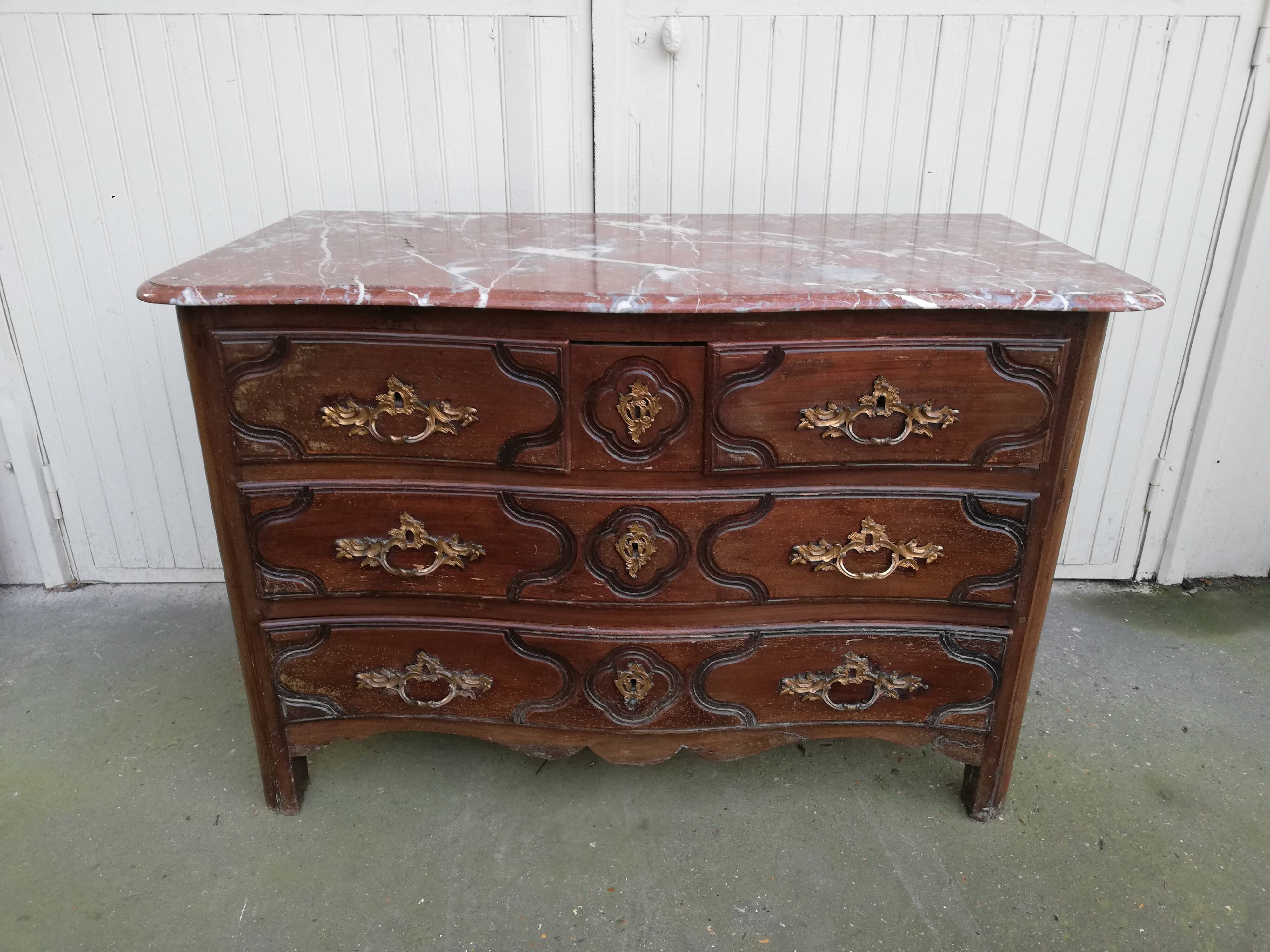 Louis XVI style curved chest of drawers, wooden structure and marble top