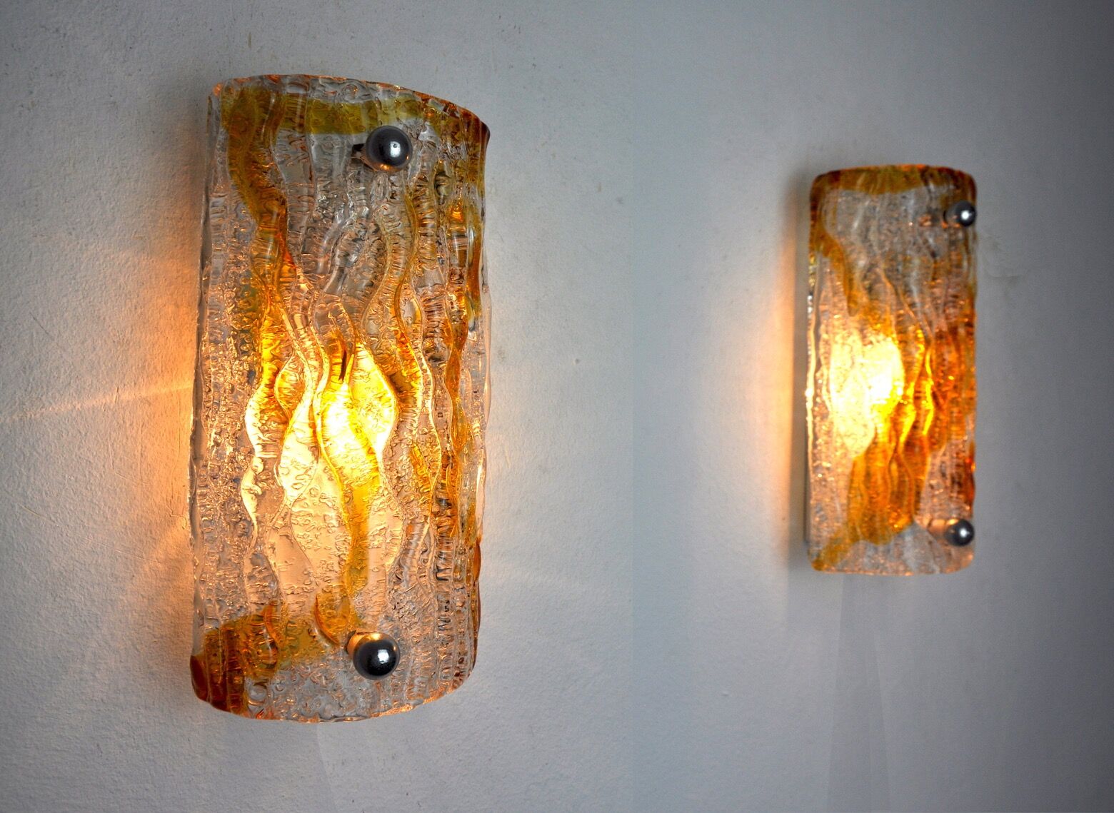 Pair of Murano Mazzega wall lamps, orange frosted glass, Italy, 1960