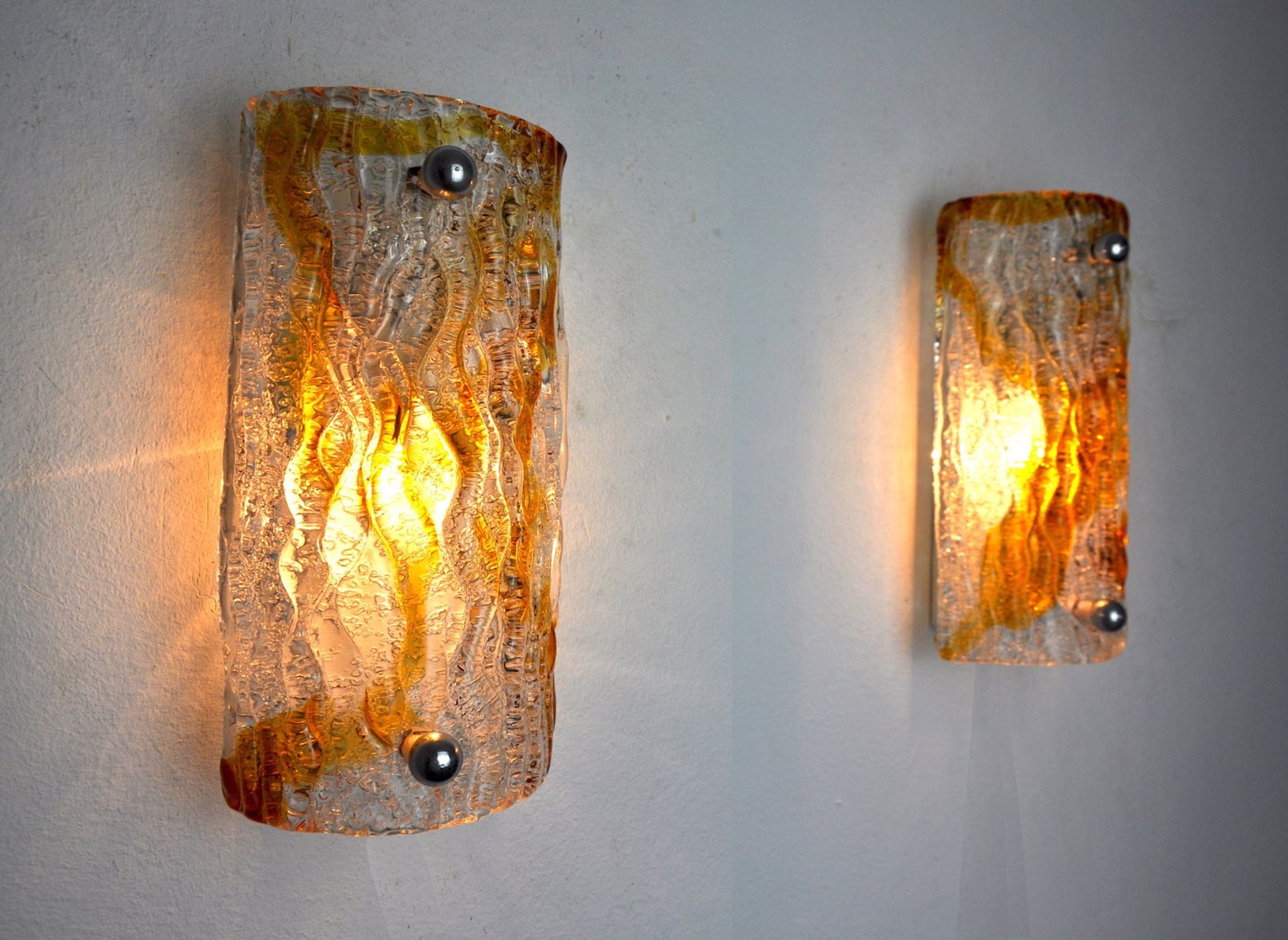 Pair of Murano Mazzega wall lamps, orange frosted glass, Italy, 1960