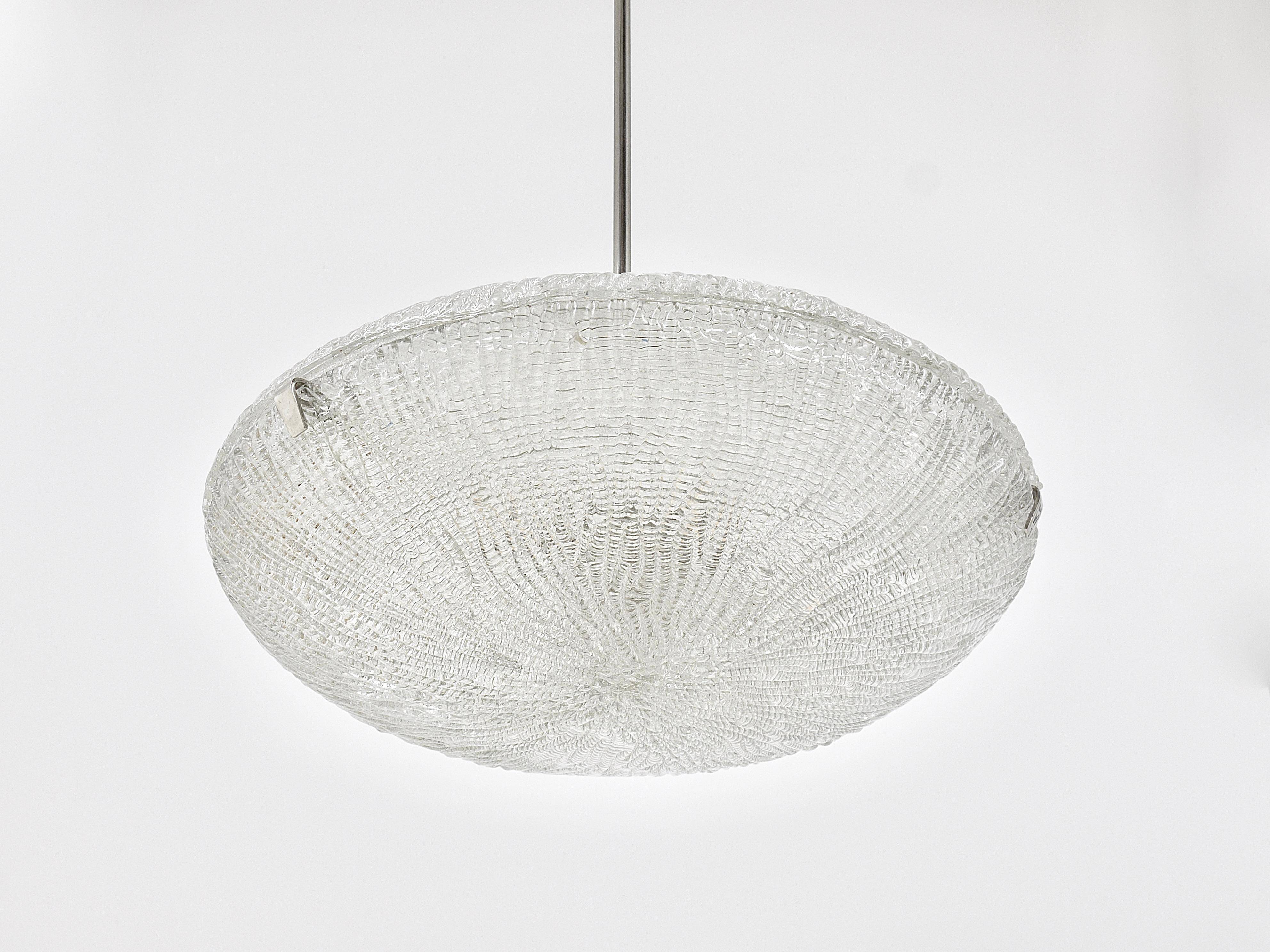 Mid-century Textured Glass and Nickel Kalmar Discus Chandelier, Austria, 1950s
