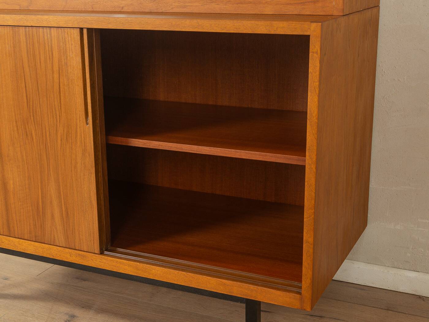 1950s display cabinet, walnut veneer, glass sliding doors