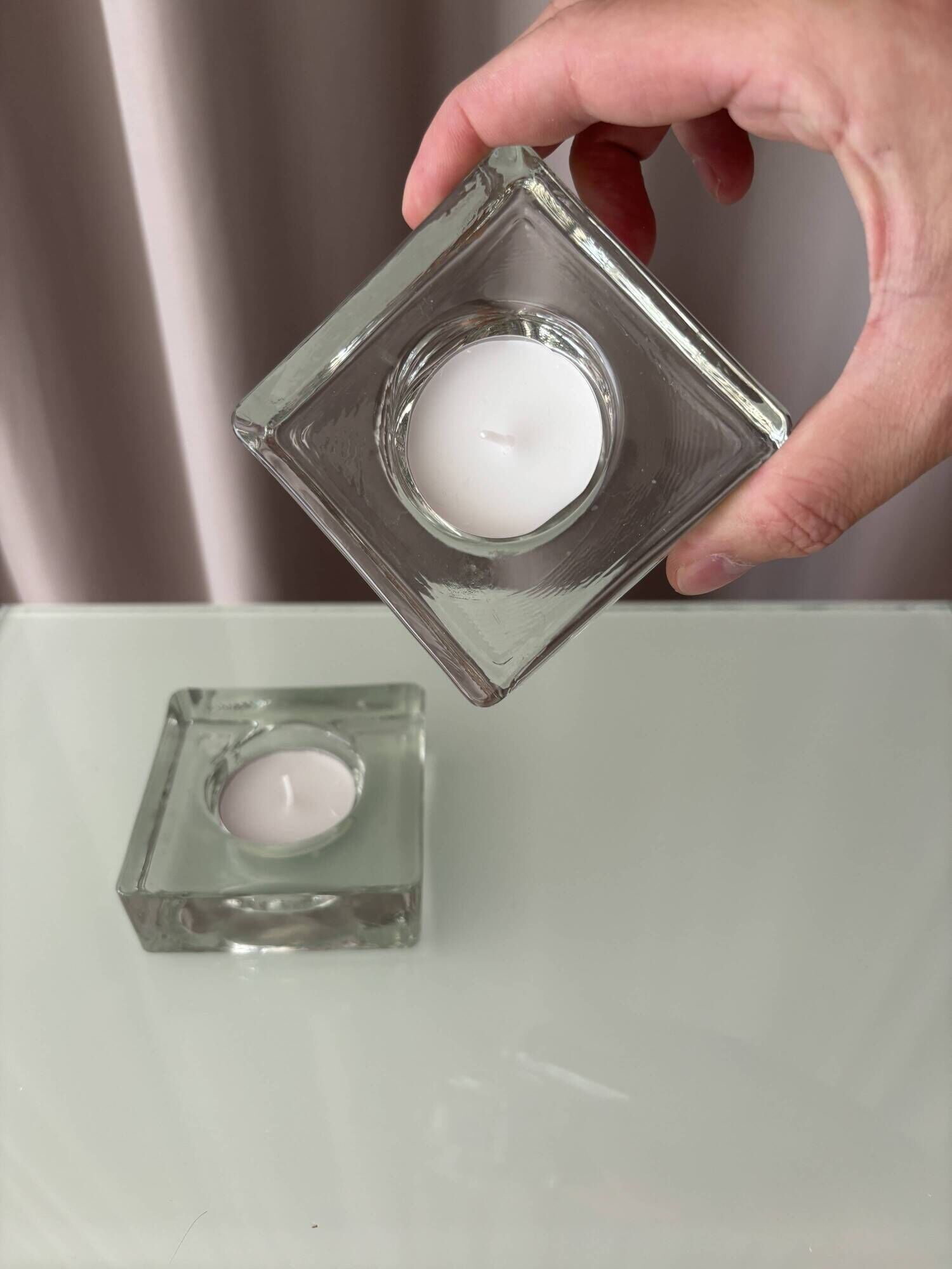Set of 2 Heavy Glass Tea Light Holders – Minimalist Square Candle Holders