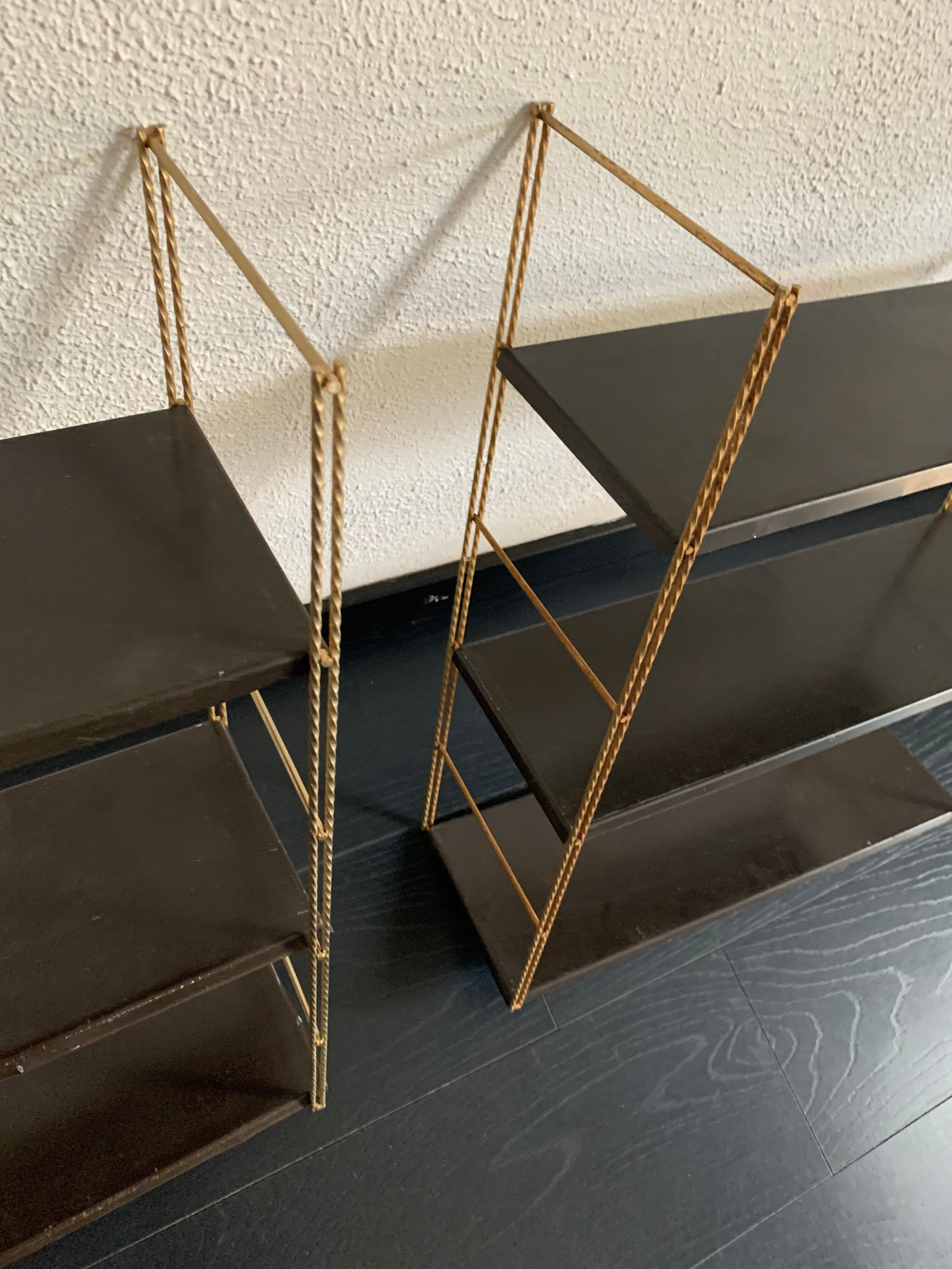 Pair shelves vintage 1960 string chocolate gold - 144 x 58 cm