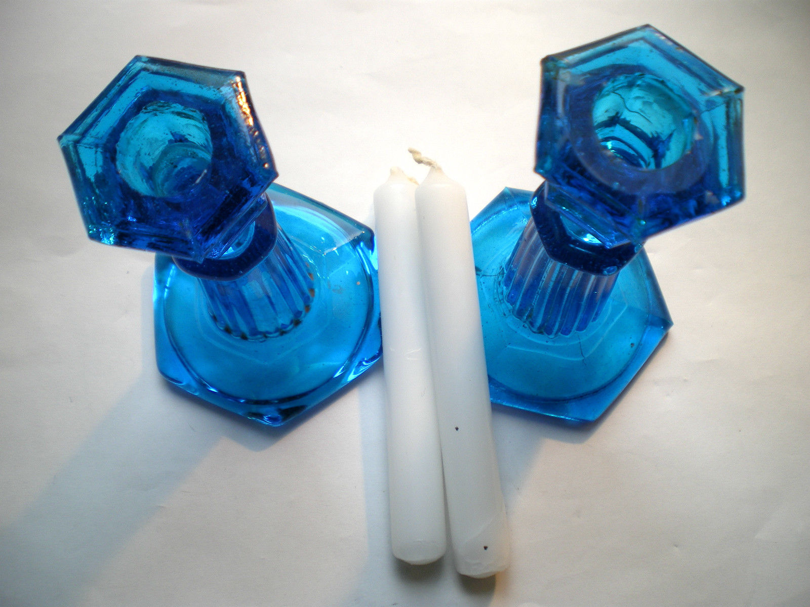 2 blue glass doll candlesticks