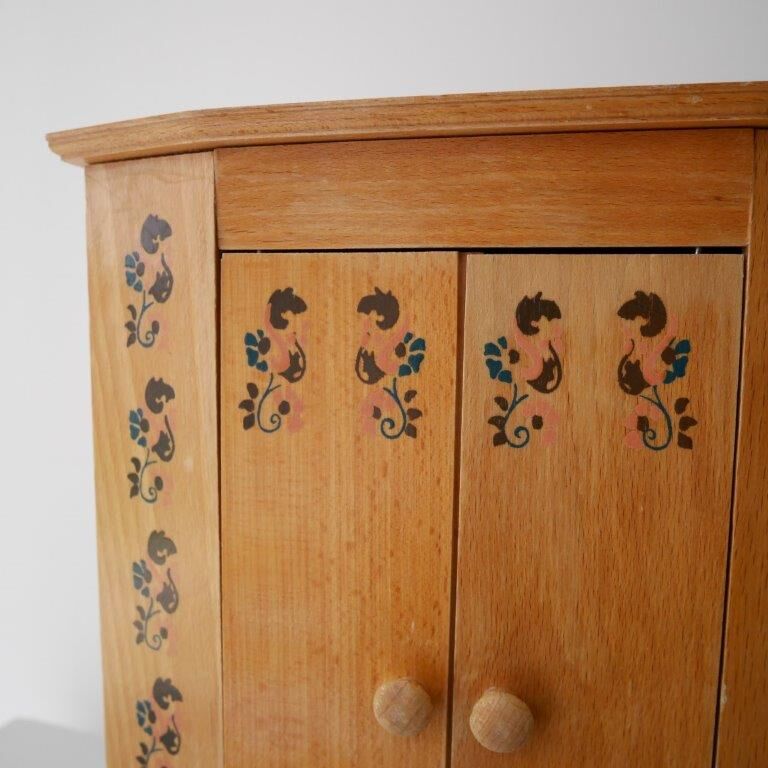 Wooden doll furniture, wardrobe and chest