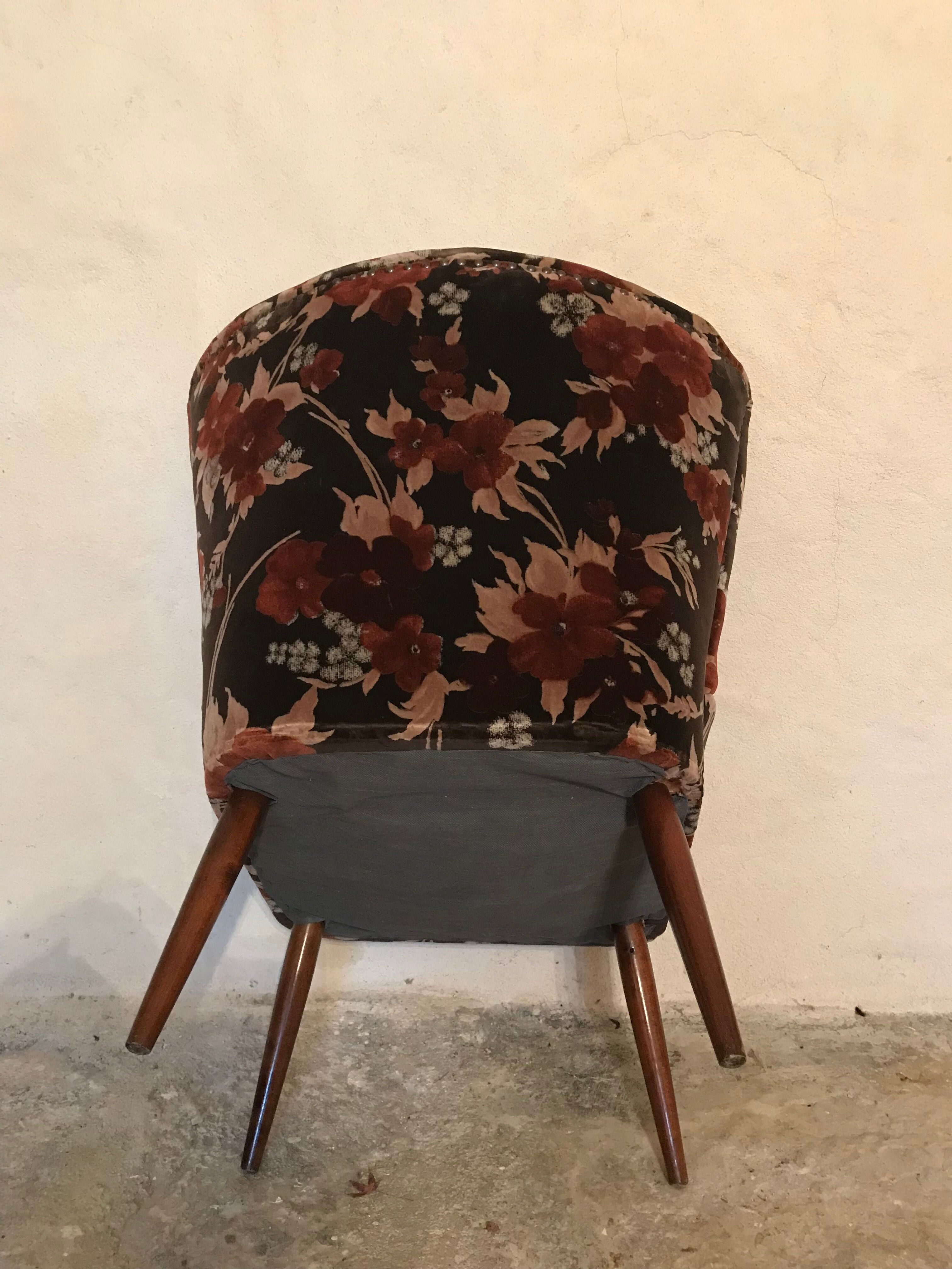Vintage cocktail armchair 1960 feet compass and fabric flowers