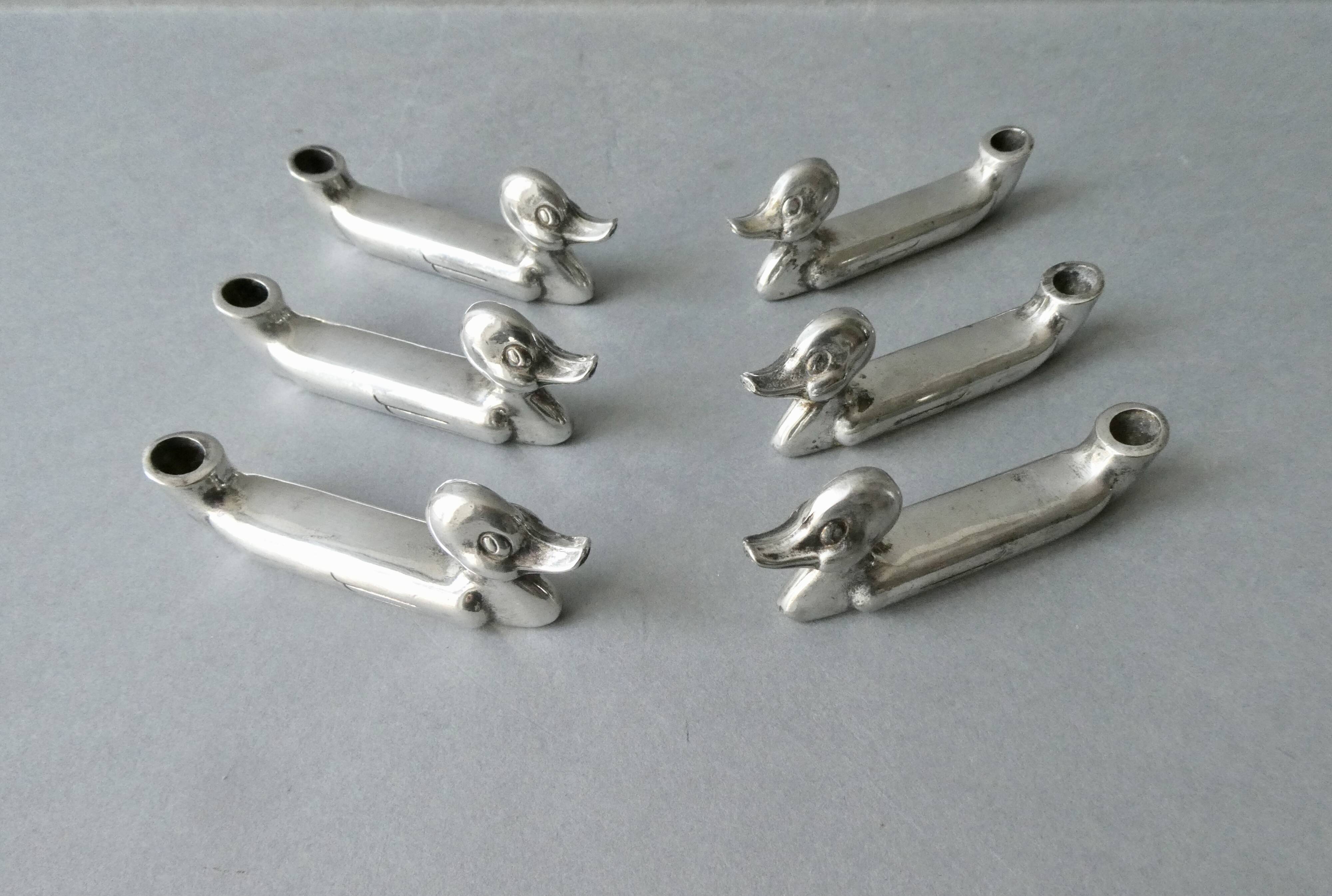 6 duck-shaped knife holders in silver metal with flower holder, Art Deco