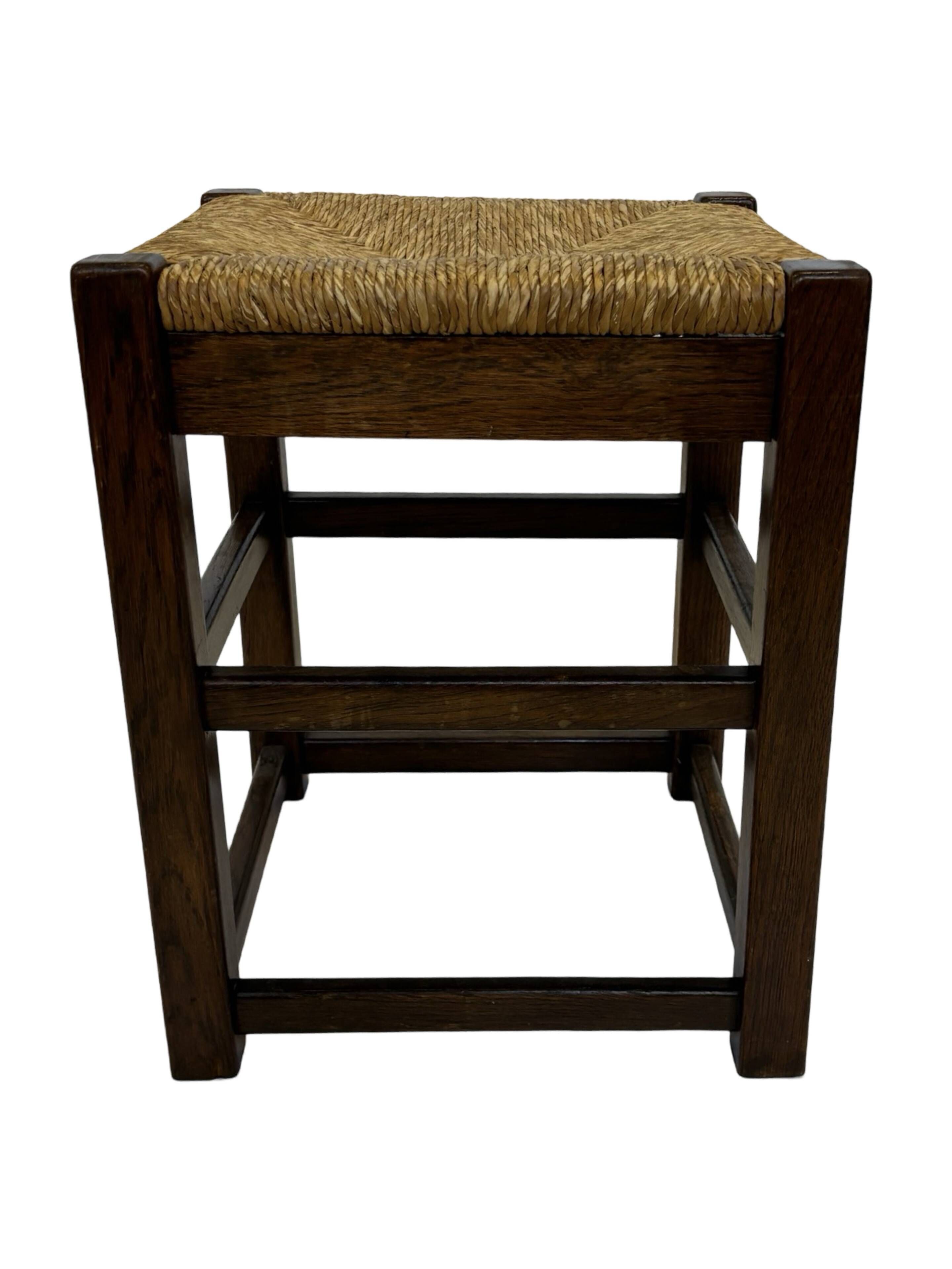 Vintage wooden stool straw seat 60s minimalist design