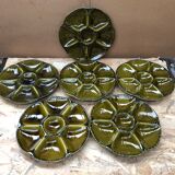 Set of 6 old vintage green ceramic Gien oyster plates