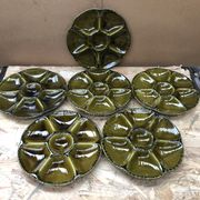 Set of 6 old vintage green ceramic Gien oyster plates