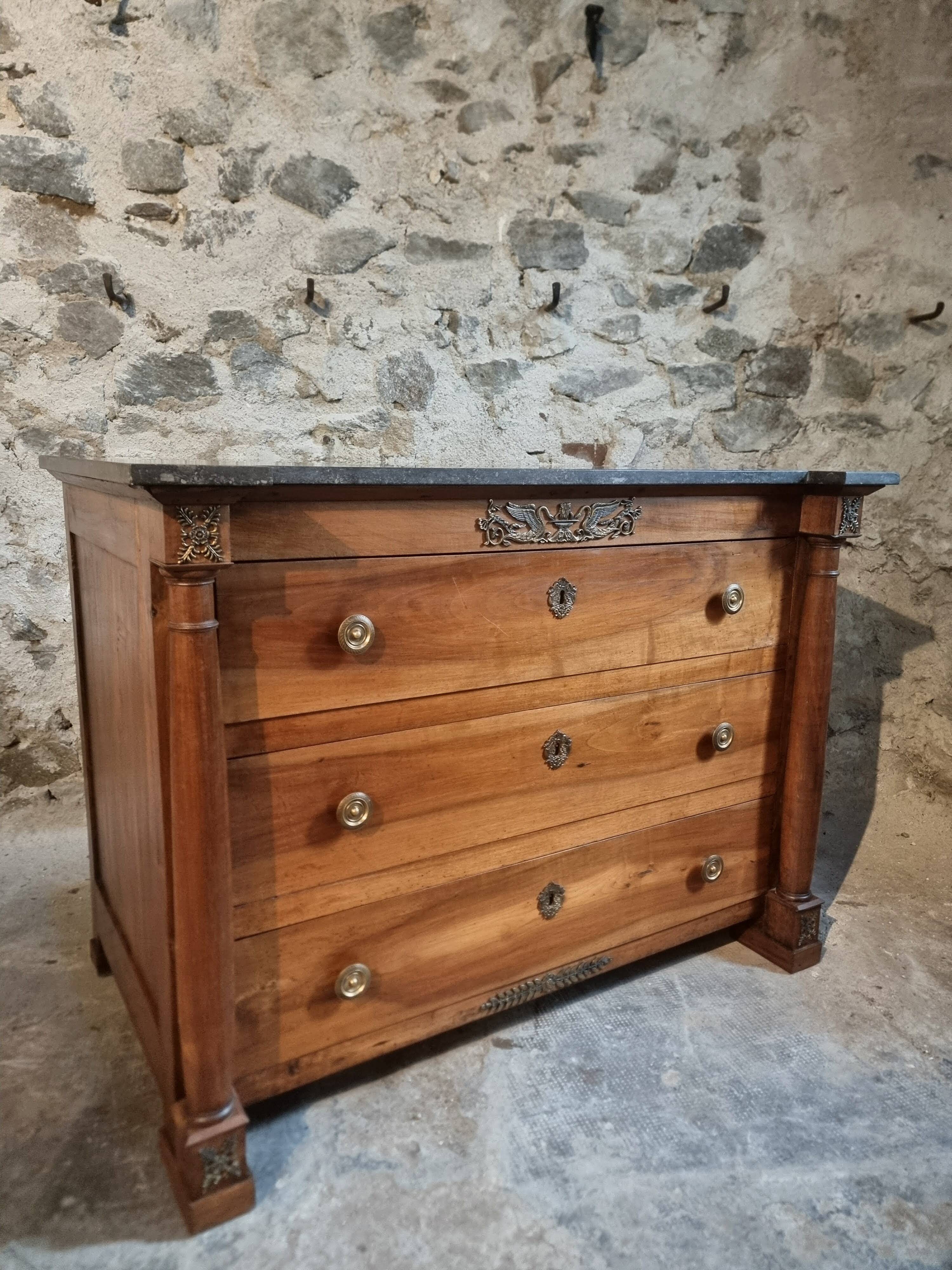 Antique commode, walnut and oak, marble top, 3 drawers, France circa 1820–1850.