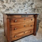 Antique commode, walnut and oak, marble top, 3 drawers, France circa 1820–1850.
