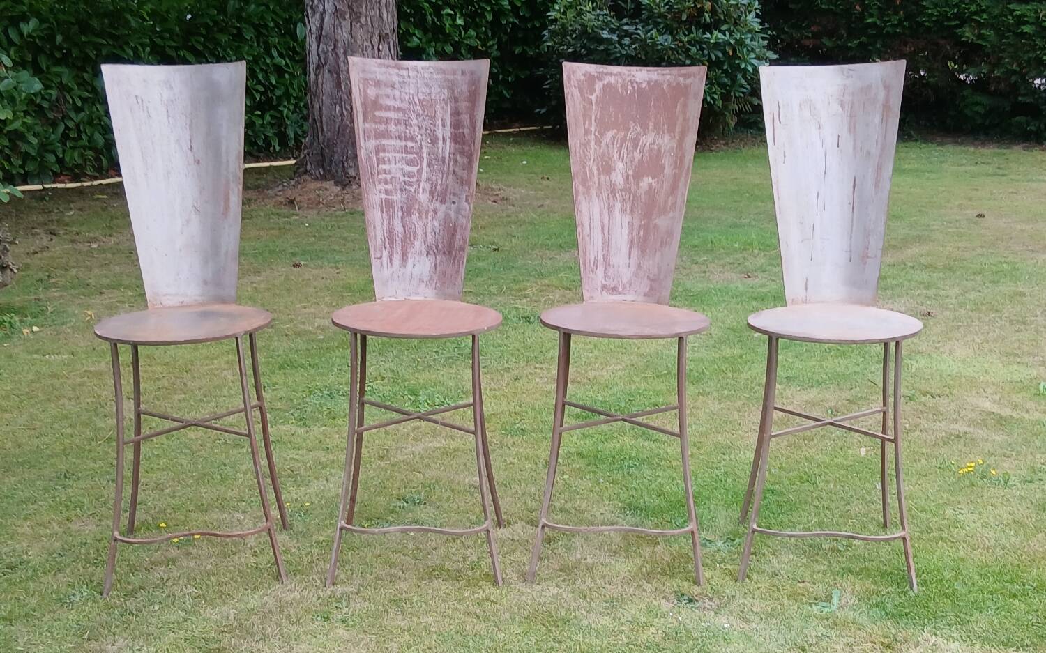 Set of 4 Sculptural Chairs "High Back" - Patinated Raw Metal - D