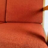 Three seater sofa of oak and red wool fabric designed by Hans J. Wegner