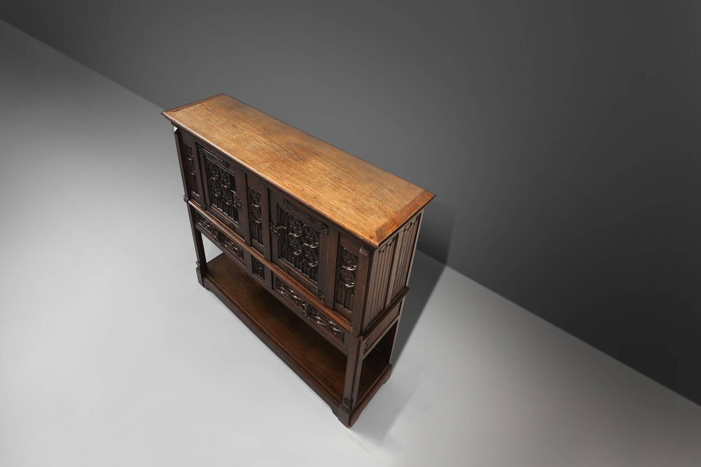 Neo-Gothic Cabinet in Oak with Rich Decorations and Hidden Storage, France