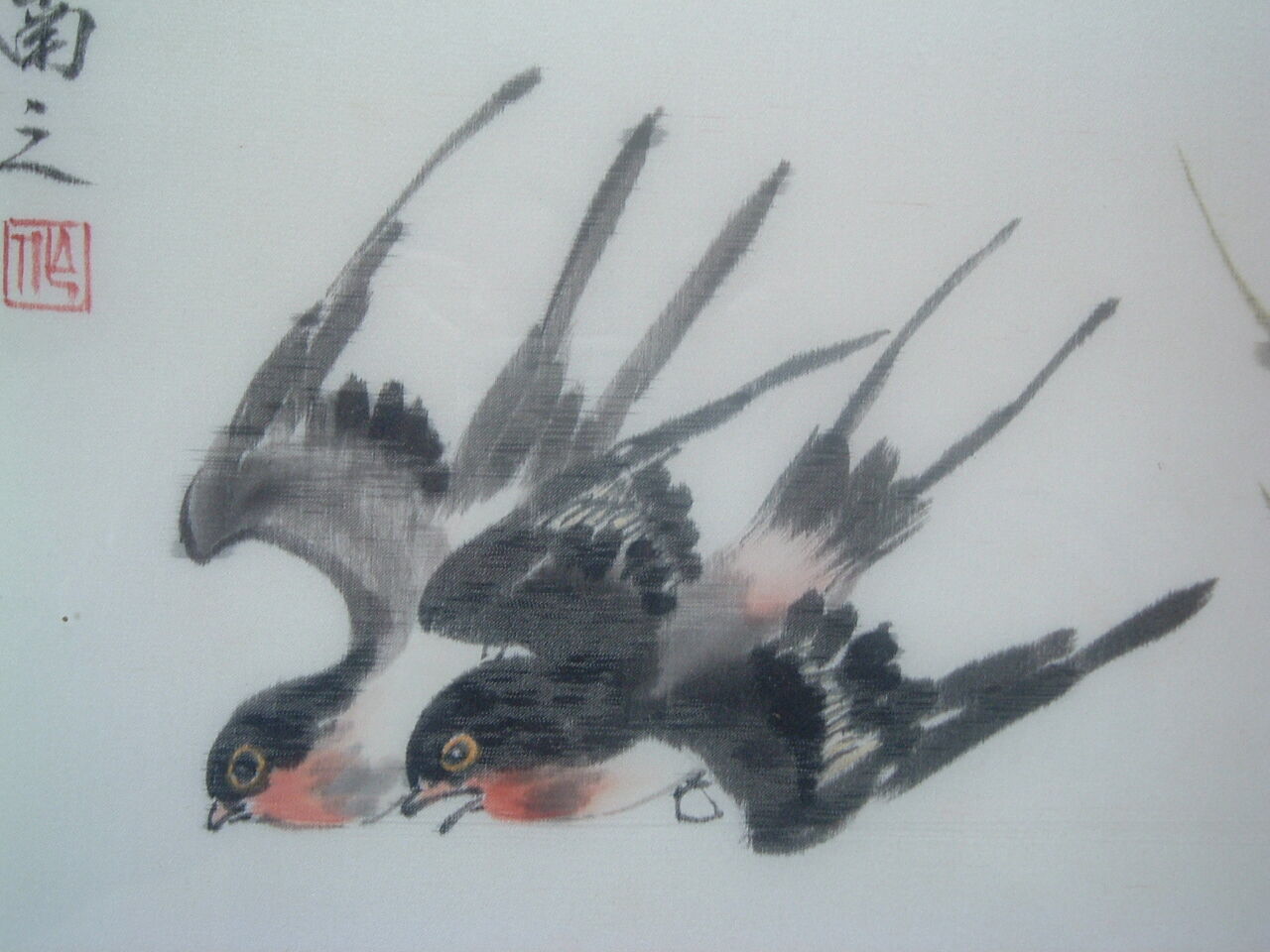 Framed chinese painting on silk, swallows flying on cherry blossoms, south china xx°