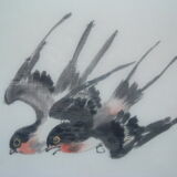 Framed chinese painting on silk, swallows flying on cherry blossoms, south china xx°