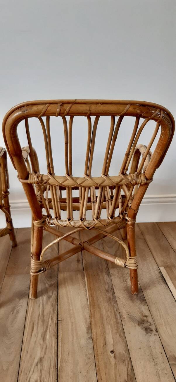 Pair of children's armchairs in rattan / bamboo honey color 60s
