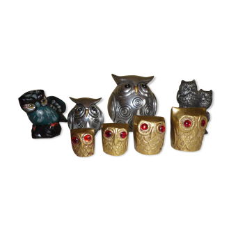 Lot of 8 owls and owls - Brass, silver metal, lead, painted ceramics