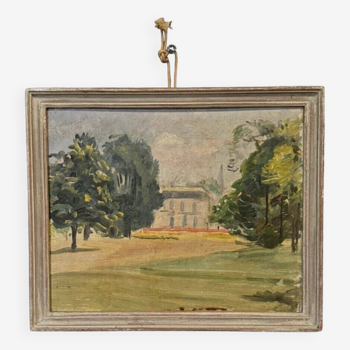 Oil on cardboard representing an early 20th century property, limed frame
