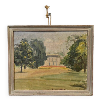 Oil on cardboard representing an early 20th century property, limed frame