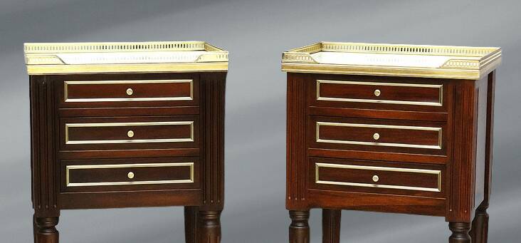 Pair of Mahogany Nightstands with White Carrara Marble in Louis XVI Style