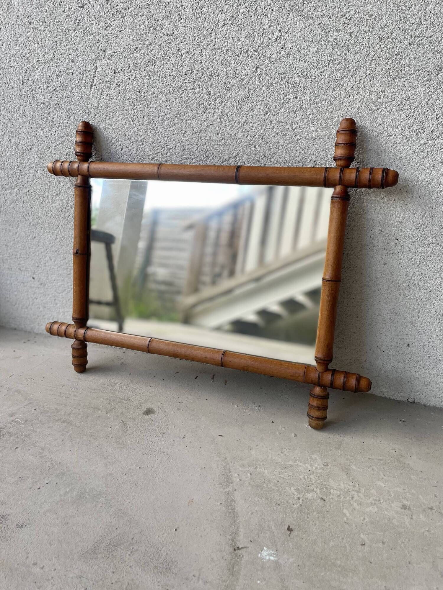 miroir ancien en bois tourné imitation bambou 1940