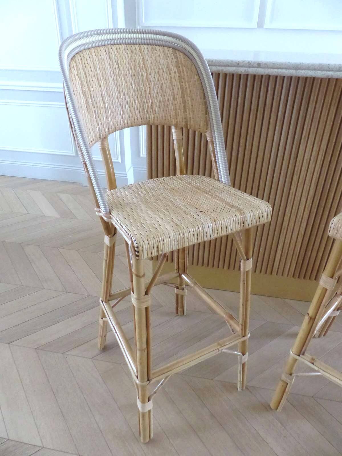 Lot of 3 Maison Louis Drucker light Manila rattan bistro high chairs.