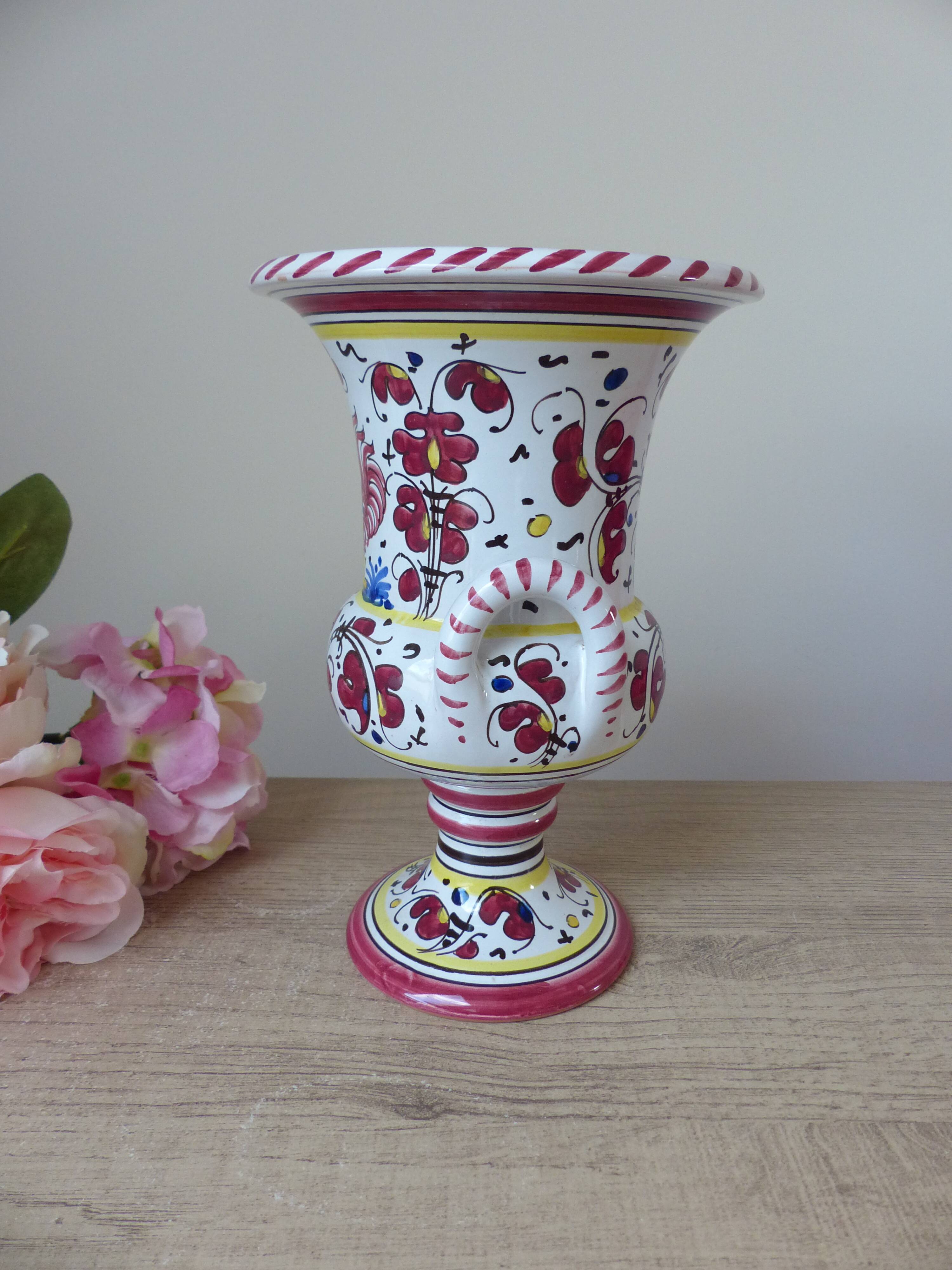 Colorful Ceramic Vase from Italy Deruta l'Antica: Amphora Flowers and Rooster