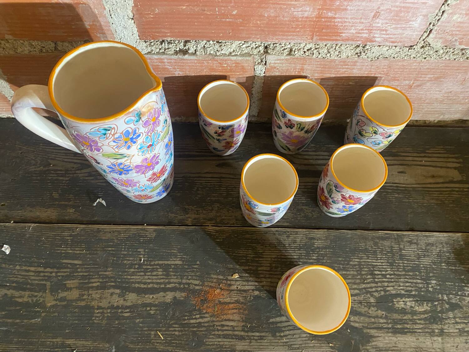 Orangeade Service VALLAURIS Ceramic Flowers Pitcher + 6 Vinta Glasses