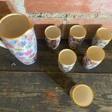 Orangeade Service VALLAURIS Ceramic Flowers Pitcher + 6 Vinta Glasses
