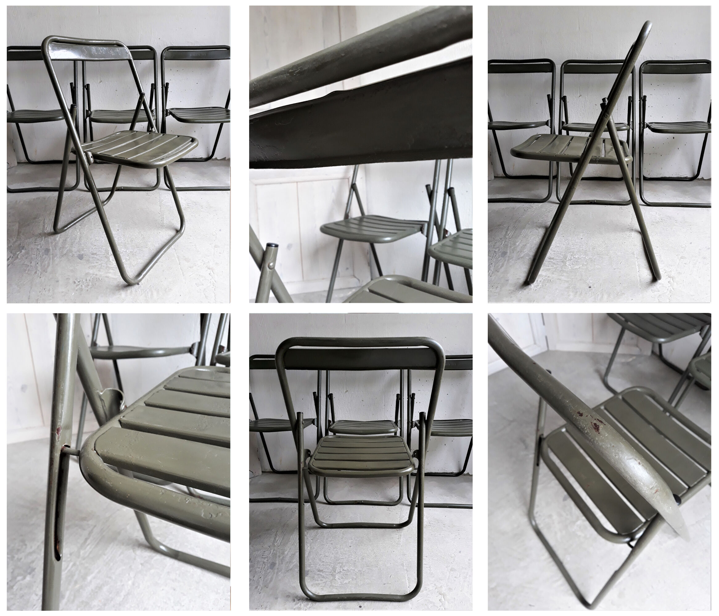 Series of 6 metal chairs Army khaki green / folding  Vintage