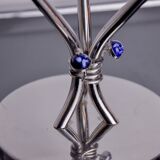 Pair of art deco candlesticks in stainless steel 3 flames and blue stones, Spain, 1970
