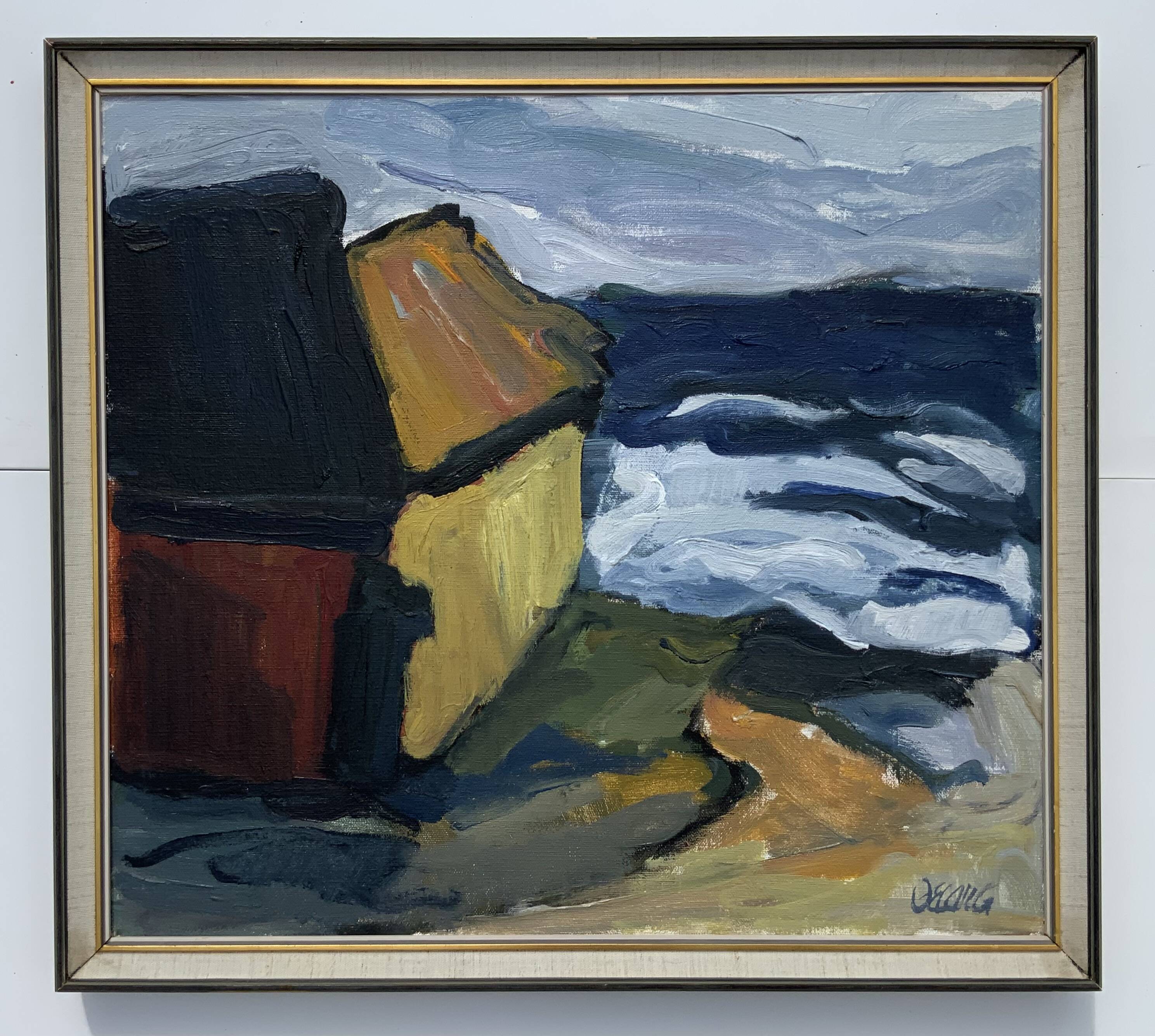Peinture à l'huile sur toile expressionniste vintage "Maisons de bateaux", Stig Delang 76