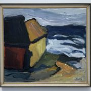 Vintage Expressionists Oil on Canvas painting ”Boathouses”, Stig Delang 76