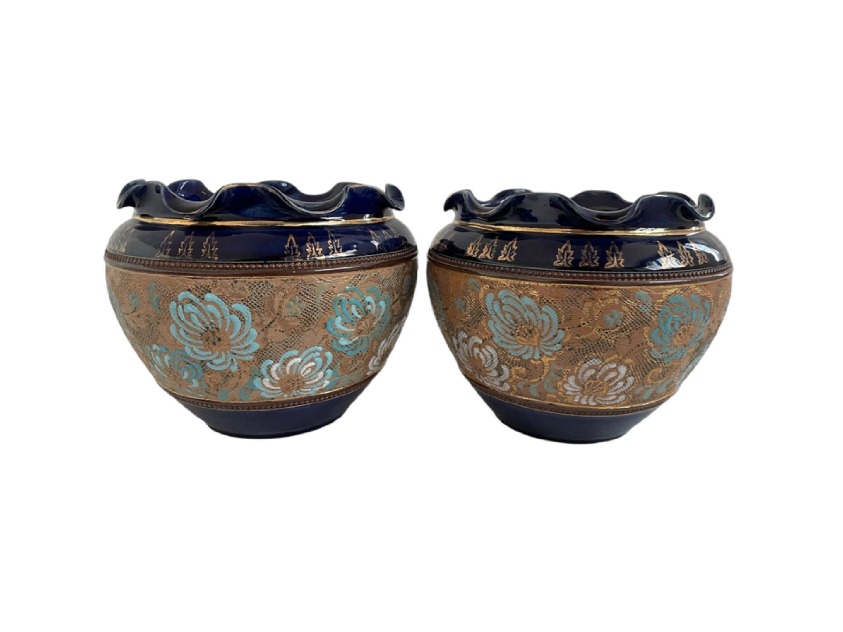 Pair, cache pots, royal doulton, english earthenware, 1920-1930, floral decoration, blue and gold, marks in