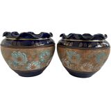 Pair, cache pots, royal doulton, english earthenware, 1920-1930, floral decoration, blue and gold, marks in
