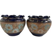 Pair, cache pots, royal doulton, english earthenware, 1920-1930, floral decoration, blue and gold, marks in