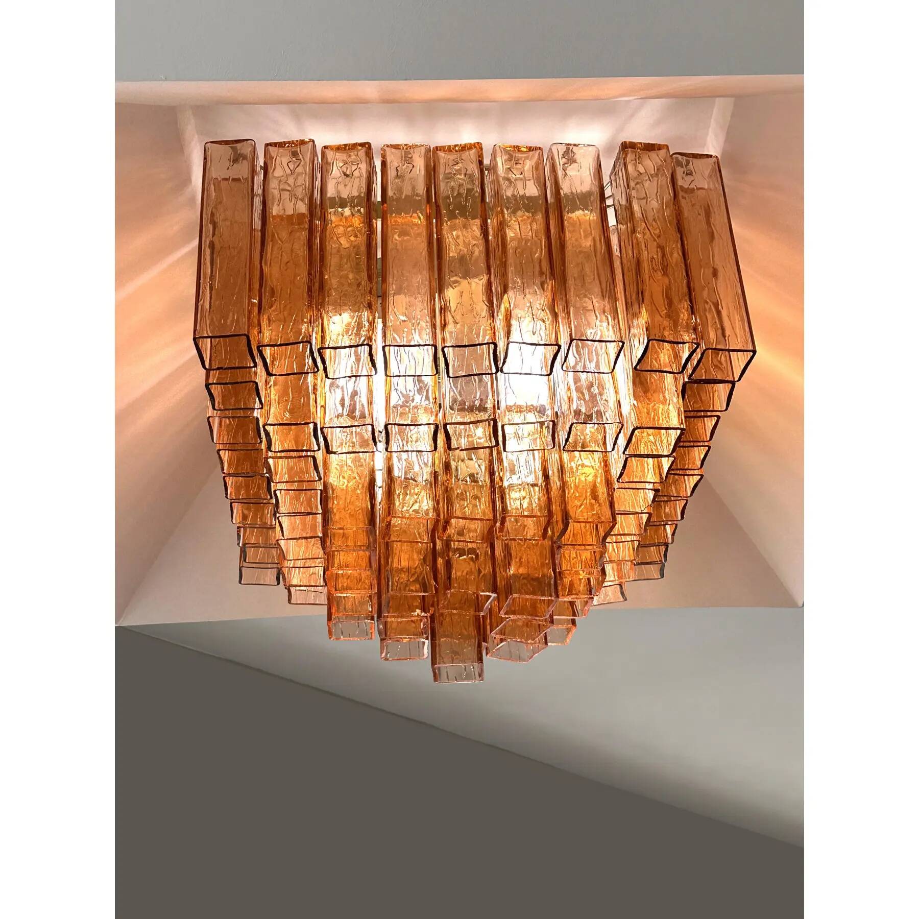 Luxury Italian Amber-Rosè “Squared” Murano Glass Squared Flush Mount