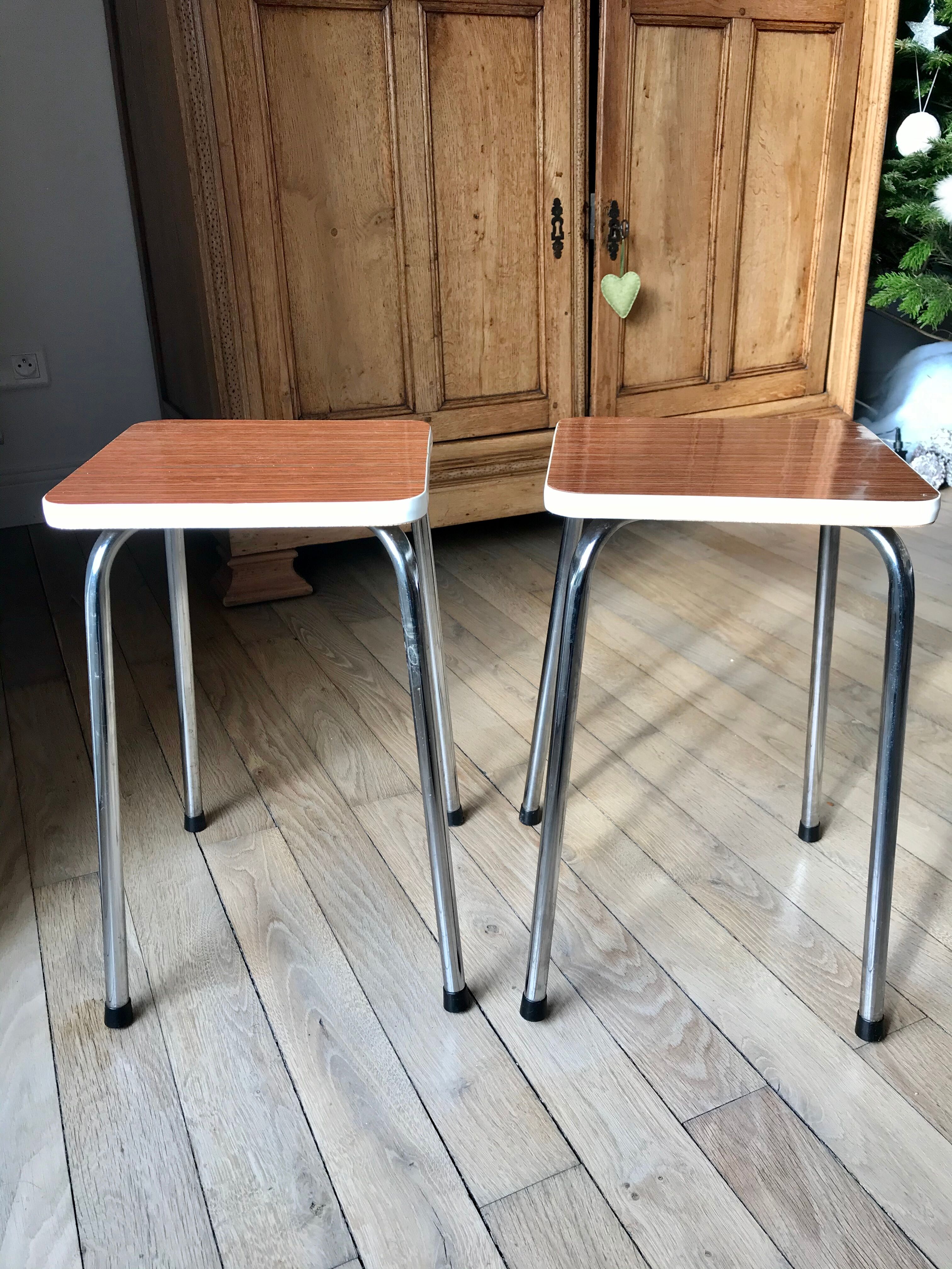 Pair of formica stools brown style veneer and white 70s