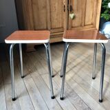 Pair of formica stools brown style veneer and white 70s