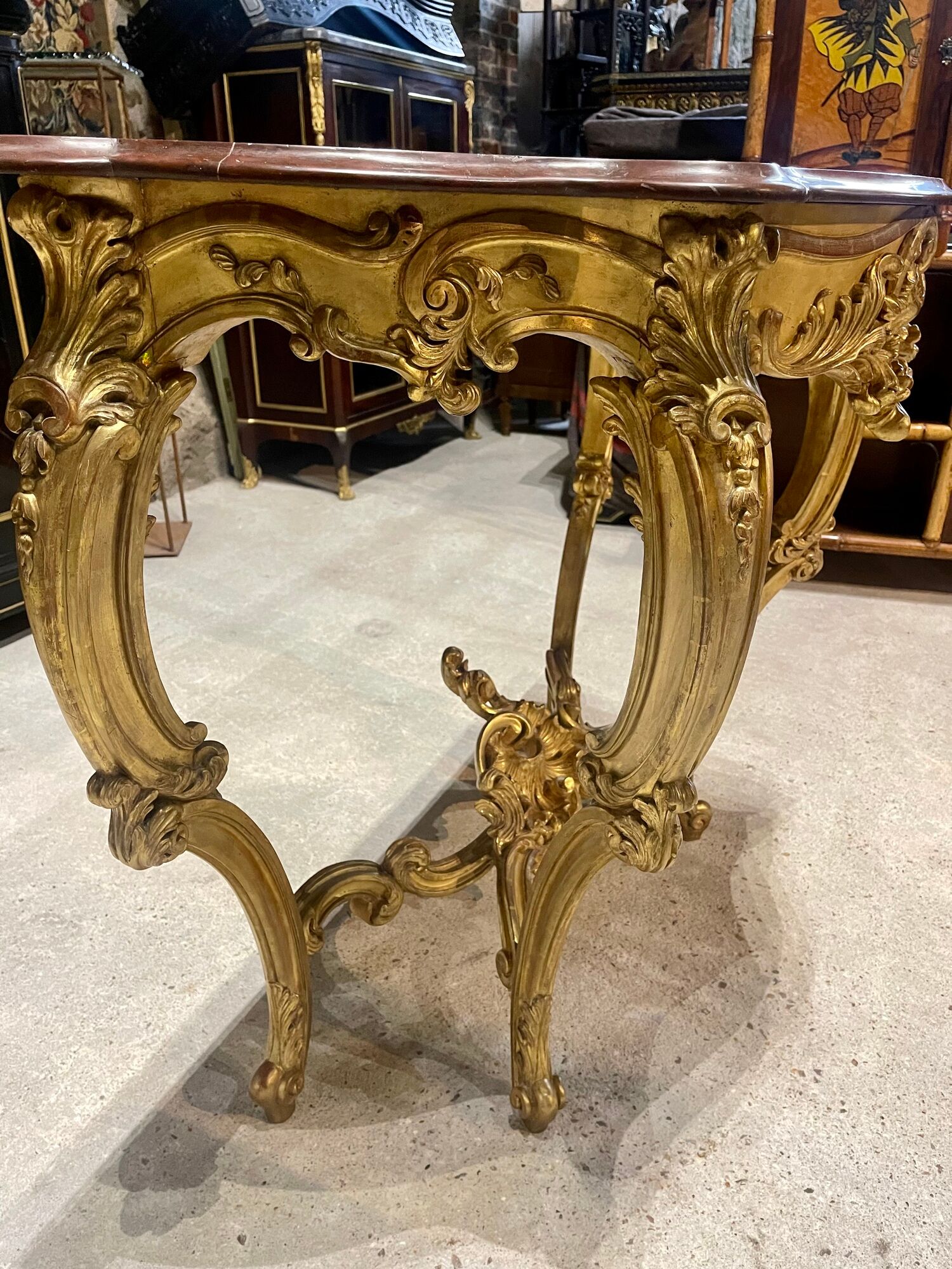 Console 4 legs Louis XV style Gilded wood period Napoleon III Griotte marble top
