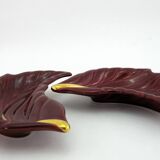 2 red and gold ceramic leaf-shaped bowls - Verceram France - vintage year