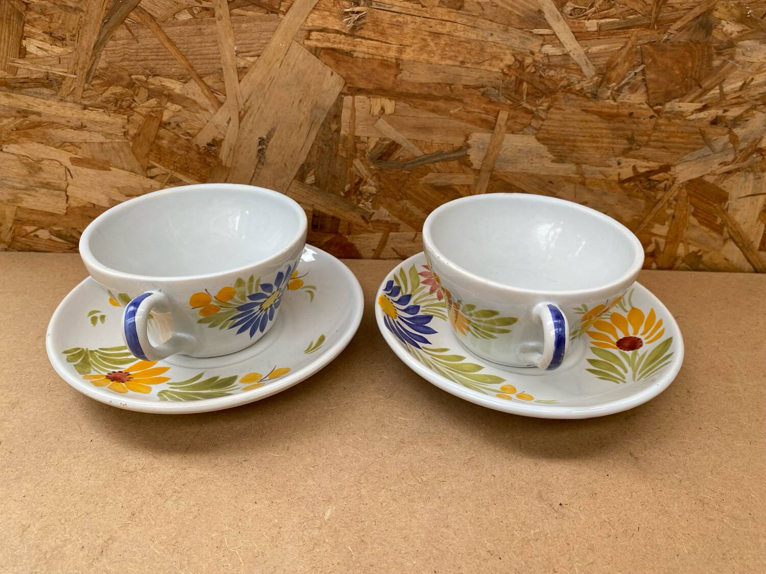 Pair of antique quimper hb ceramic cups vintage flower decor #b284