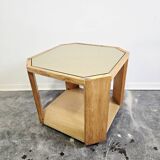 80s Octagonal Wood Accent Table with Glass Top on Casters