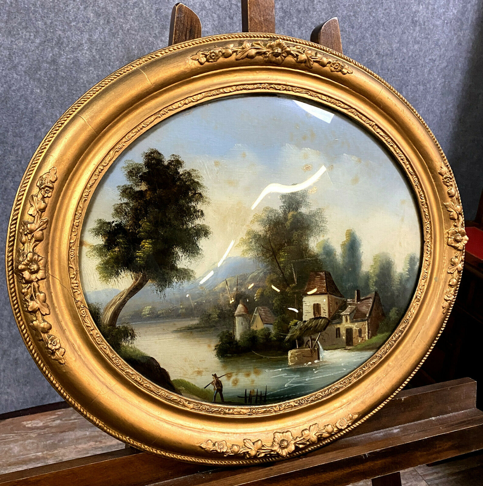 fixed under glass has oval view louis era Philip around 1830 animated lakescape