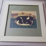 Black and white pig painting disgruntled signed E. B.