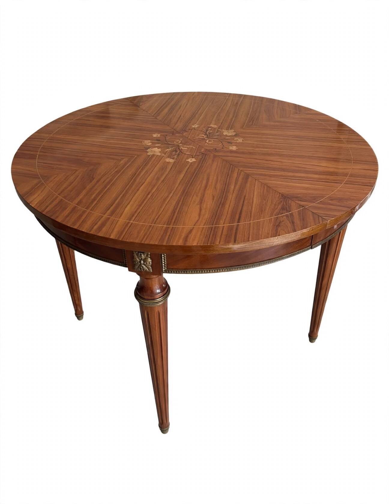 Round table with marquetry + 2 extensions - louis xvi style